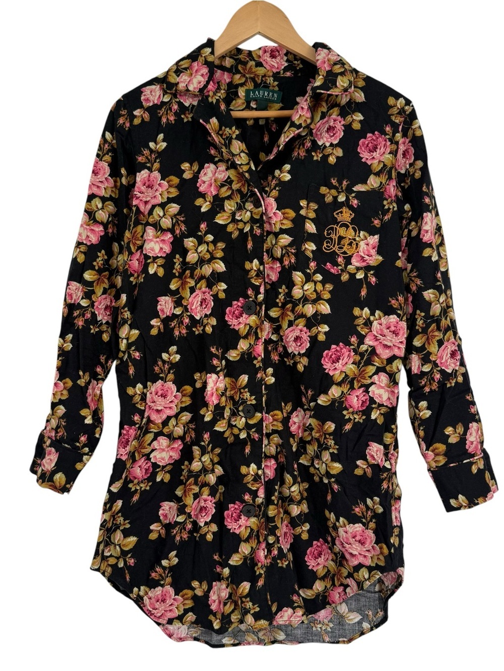 Lauren Ralph Lauren Women's Size S Long-Sleeve Sleepshirt Black Floral Flannel